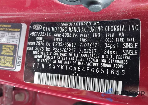 2015 Kia Sorento Lx z USA, uszkodzony, nr VIN 5XYKTCA64FG651655